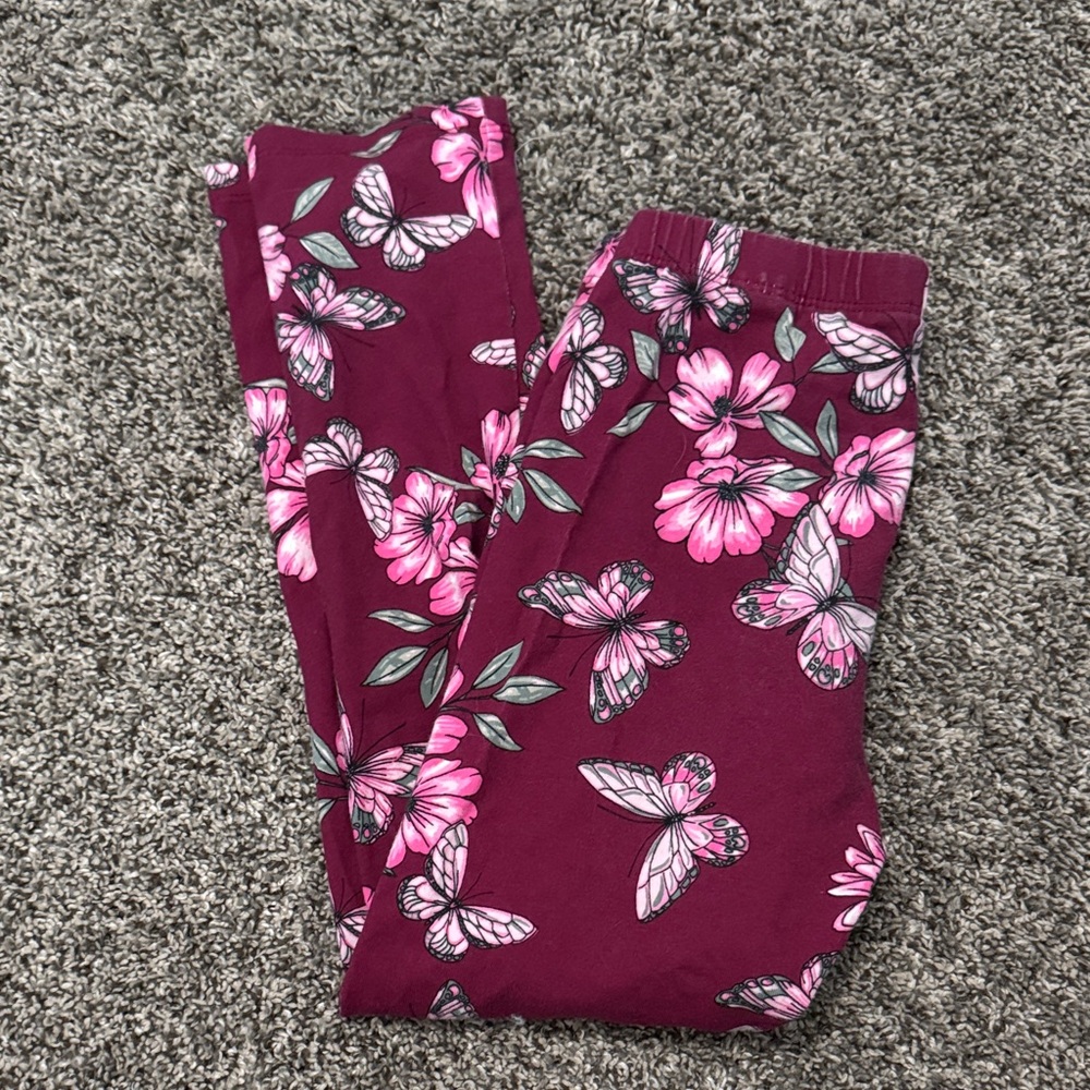 The Children's Place Maroon Leggings with Pink Floral & Butterfly Print
